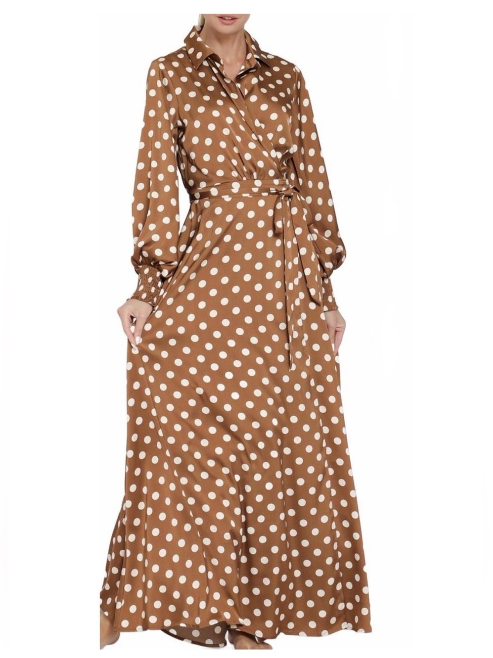 Aakaa Brown Polka Dot Wrap Maxi Dress NWT Medium Thanksgiving Fall Style